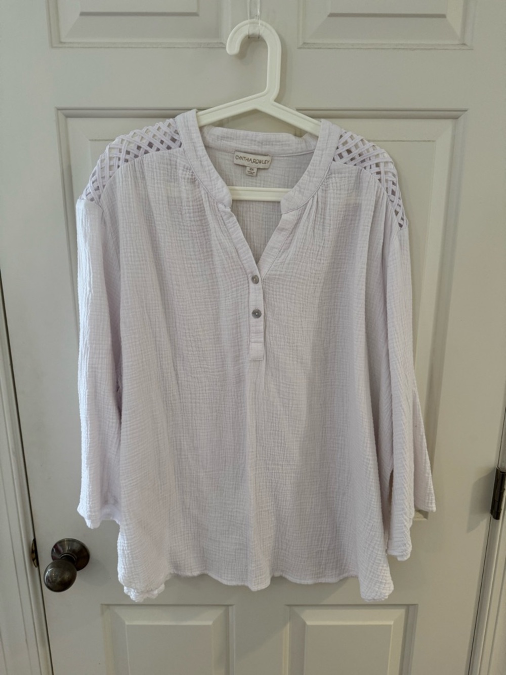 Cynthia Rowley Light Lavender Gauze Henley with Crochet Shoulders